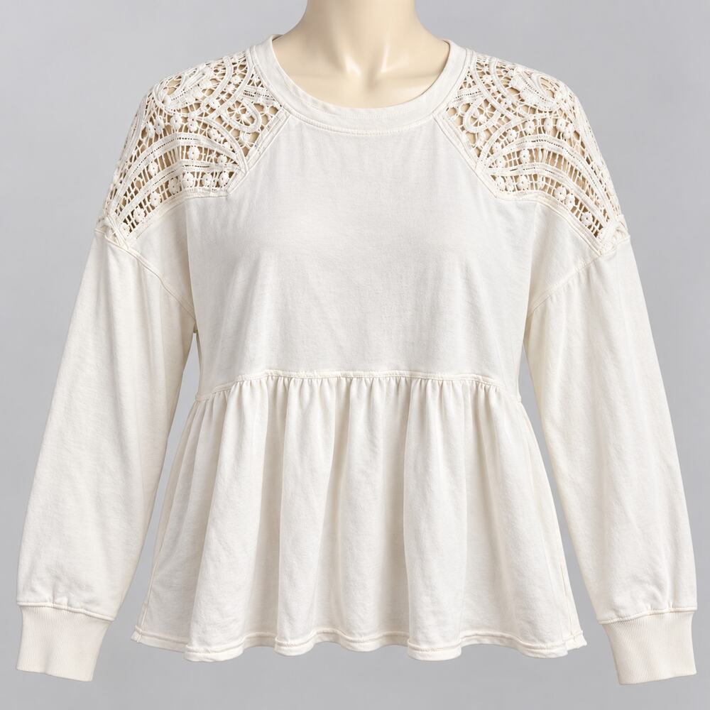 Altar'd State White Crochet Lace Shoulder Babydoll Sweatshirt Women's L